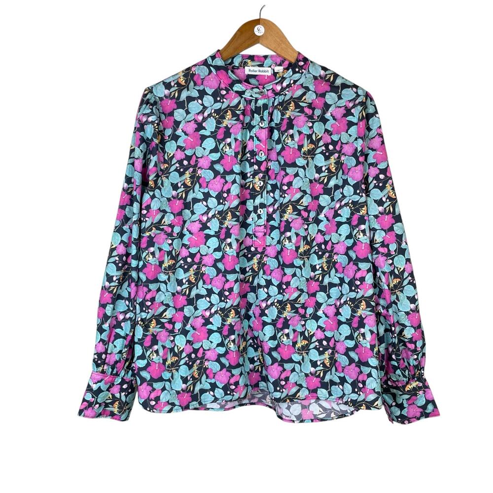 Roller Rabbit Manusa Glenda Colorful Floral Long Sleeve Cotton Popover Top - Picture 10 of 14
